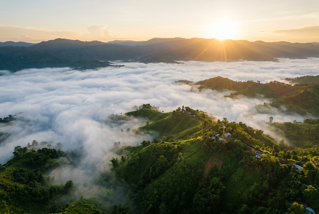 Sunrise over a sea of clouds seen from the helipad at Sajek Valley