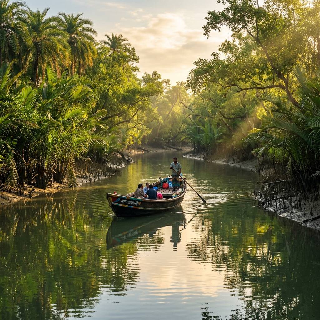 Dense mangrove forest and tidal channel in the Sundarbans